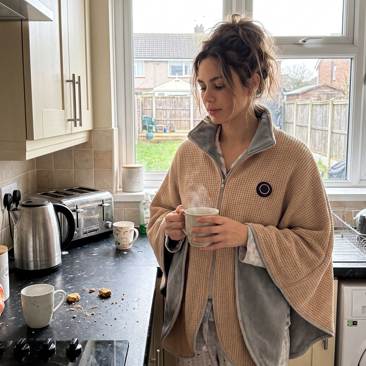 Woman in a kitchen wearing the CozyEmber heated shawl