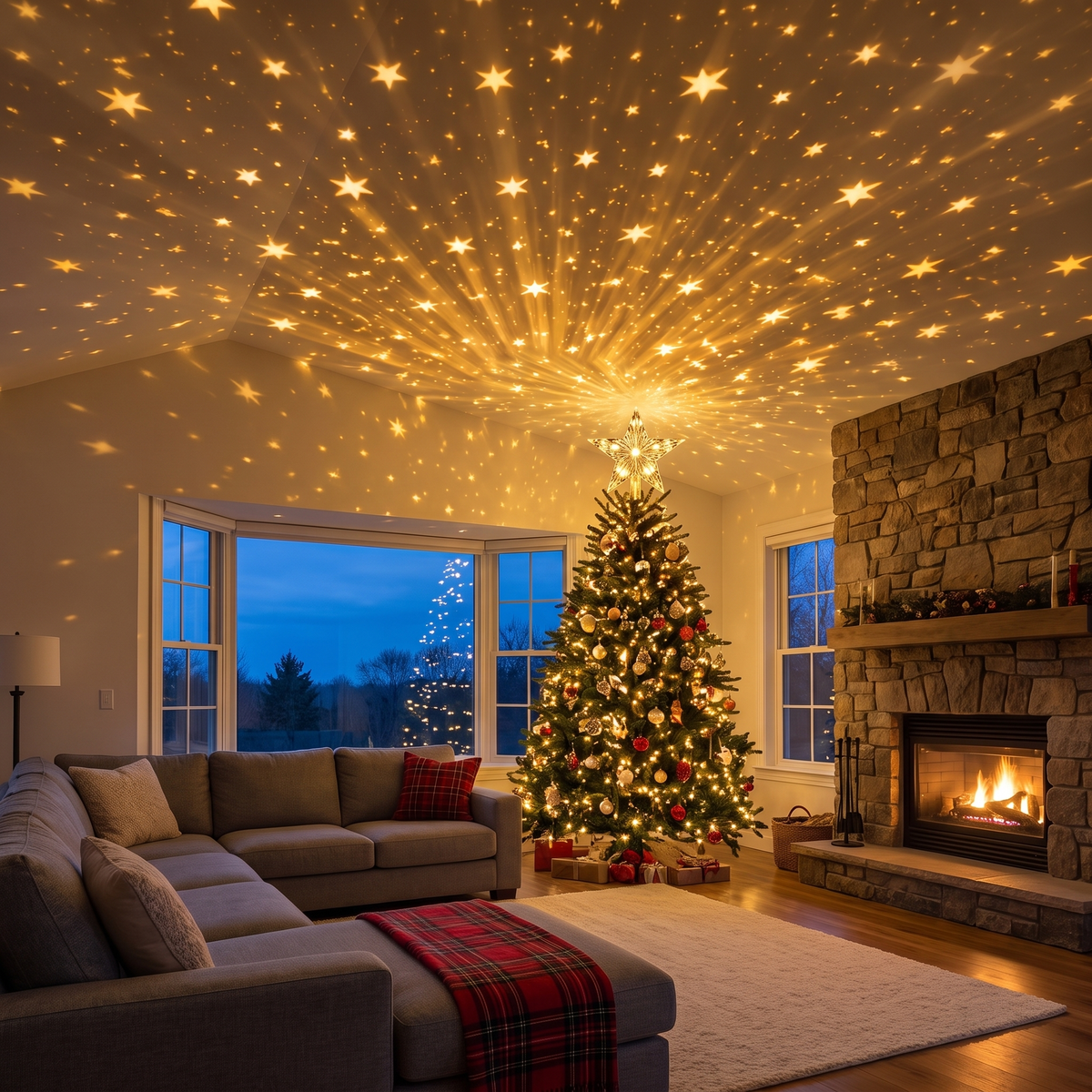 Christmas LED star tree topper filling a living room ceiling with golden stars