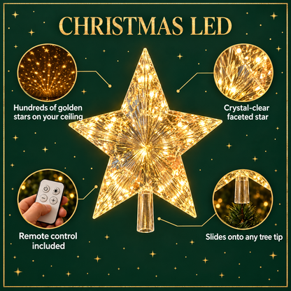 Christmas LED star projector tree topper features: golden ceiling stars, crystal-clear star, remote, fits any tree