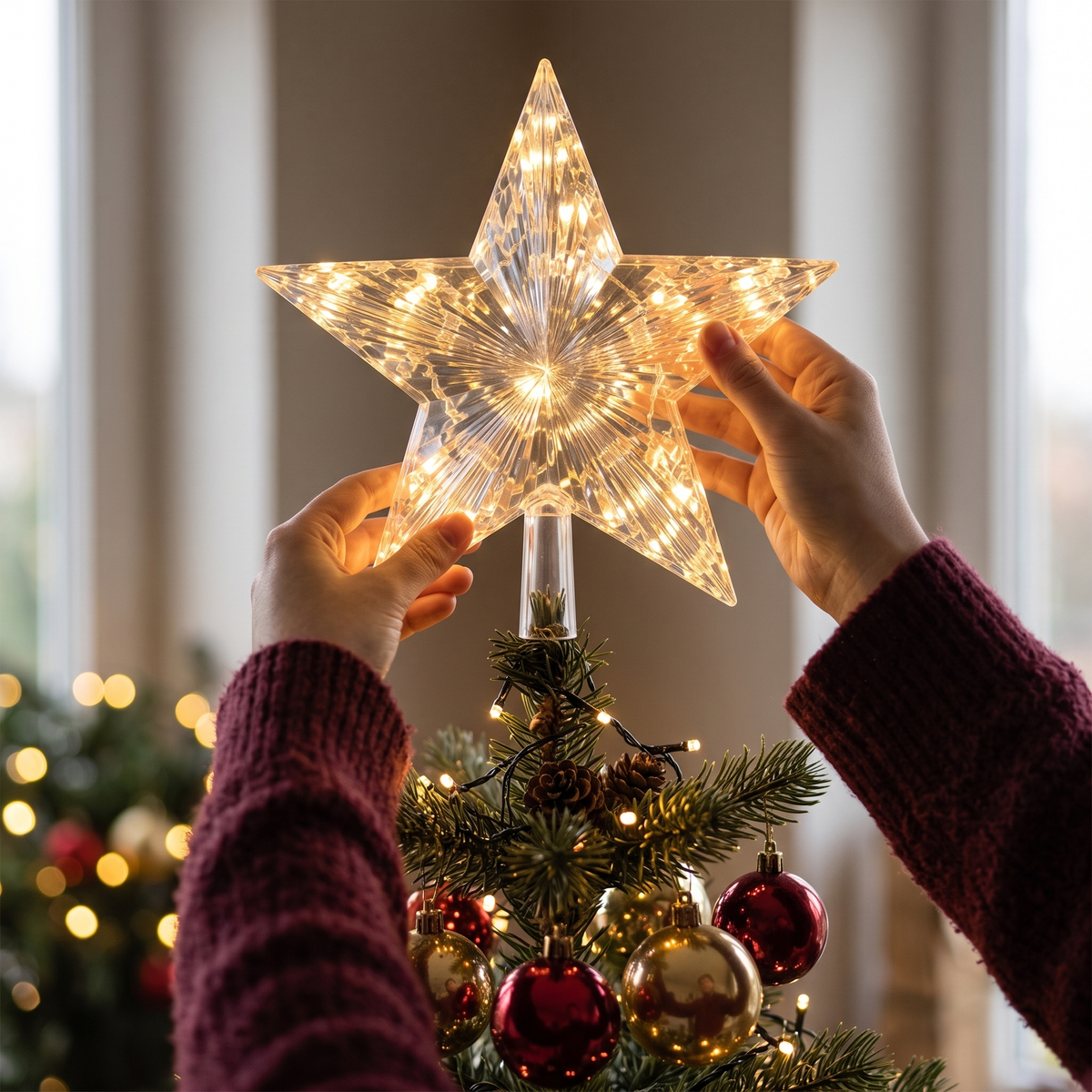 Clear base of the Christmas LED star sliding onto the tip of a Christmas tree