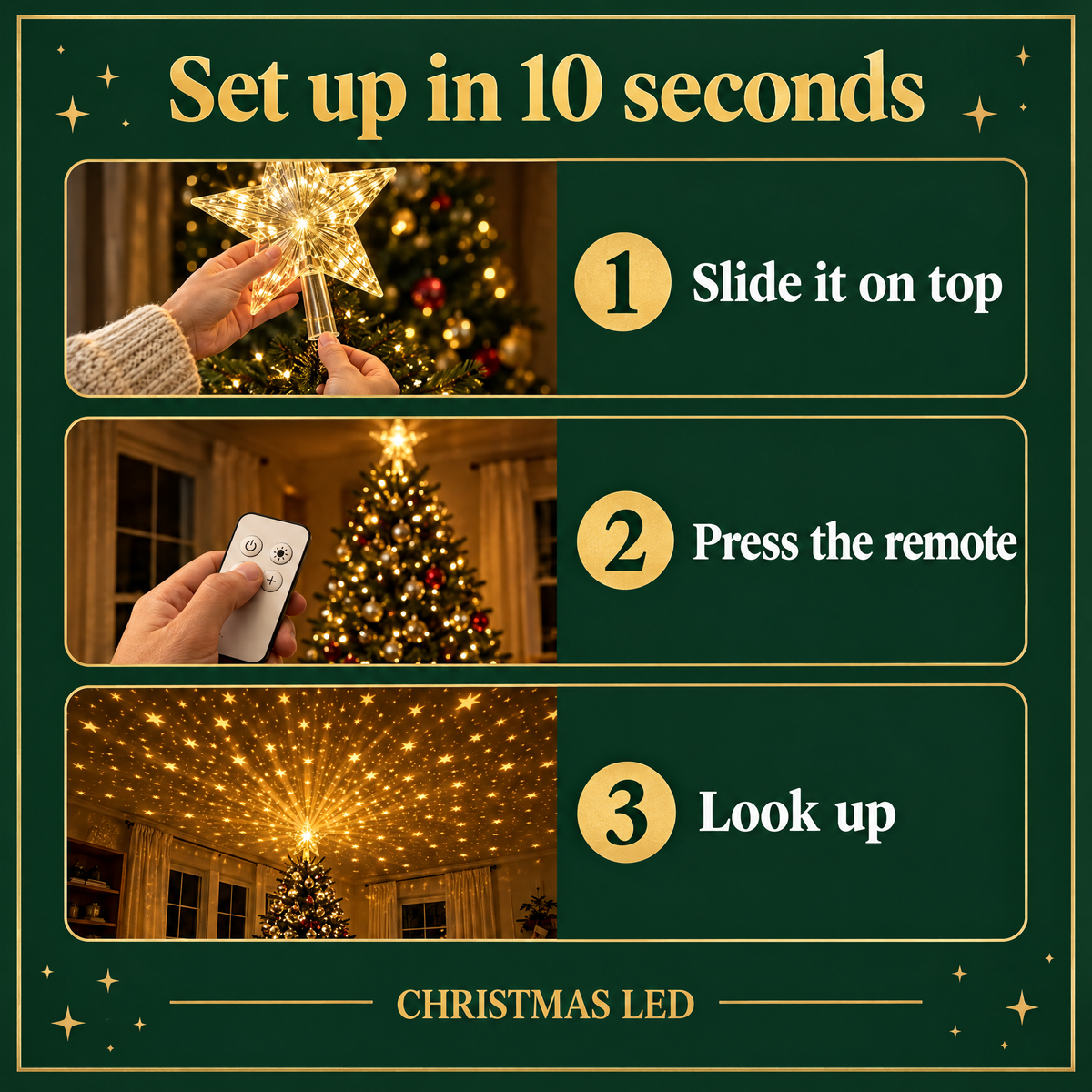 Christmas LED setup in 3 steps: slide it on, press the remote, look up