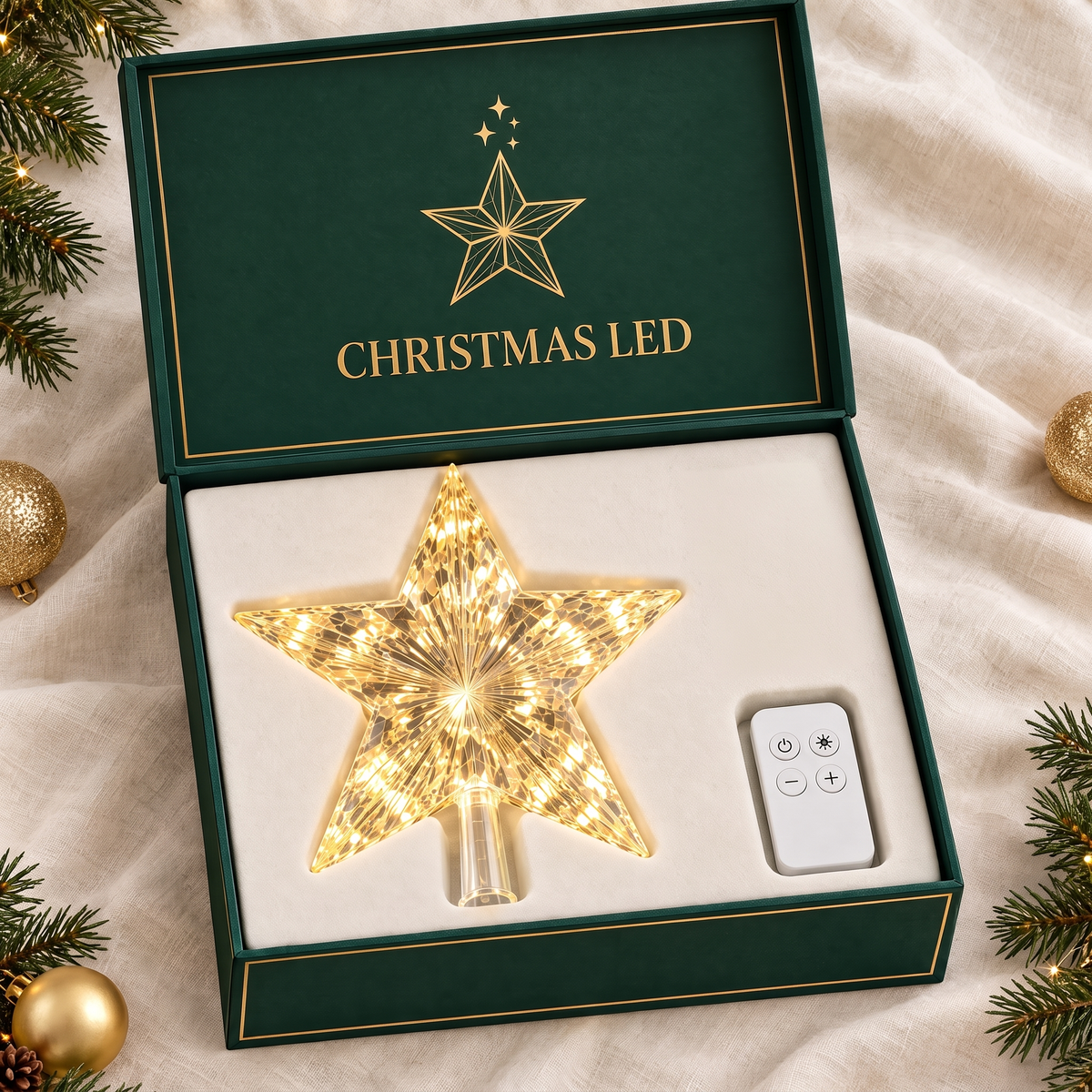 Christmas LED gift box open with the star tree topper and remote control
