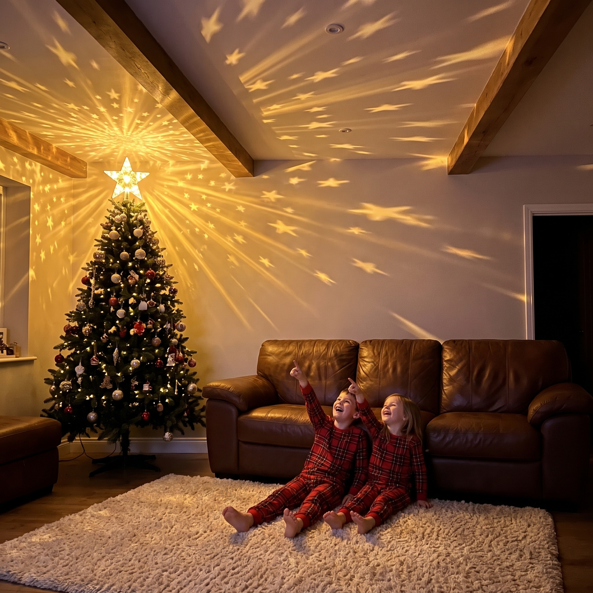Kids pointing at golden stars on the ceiling