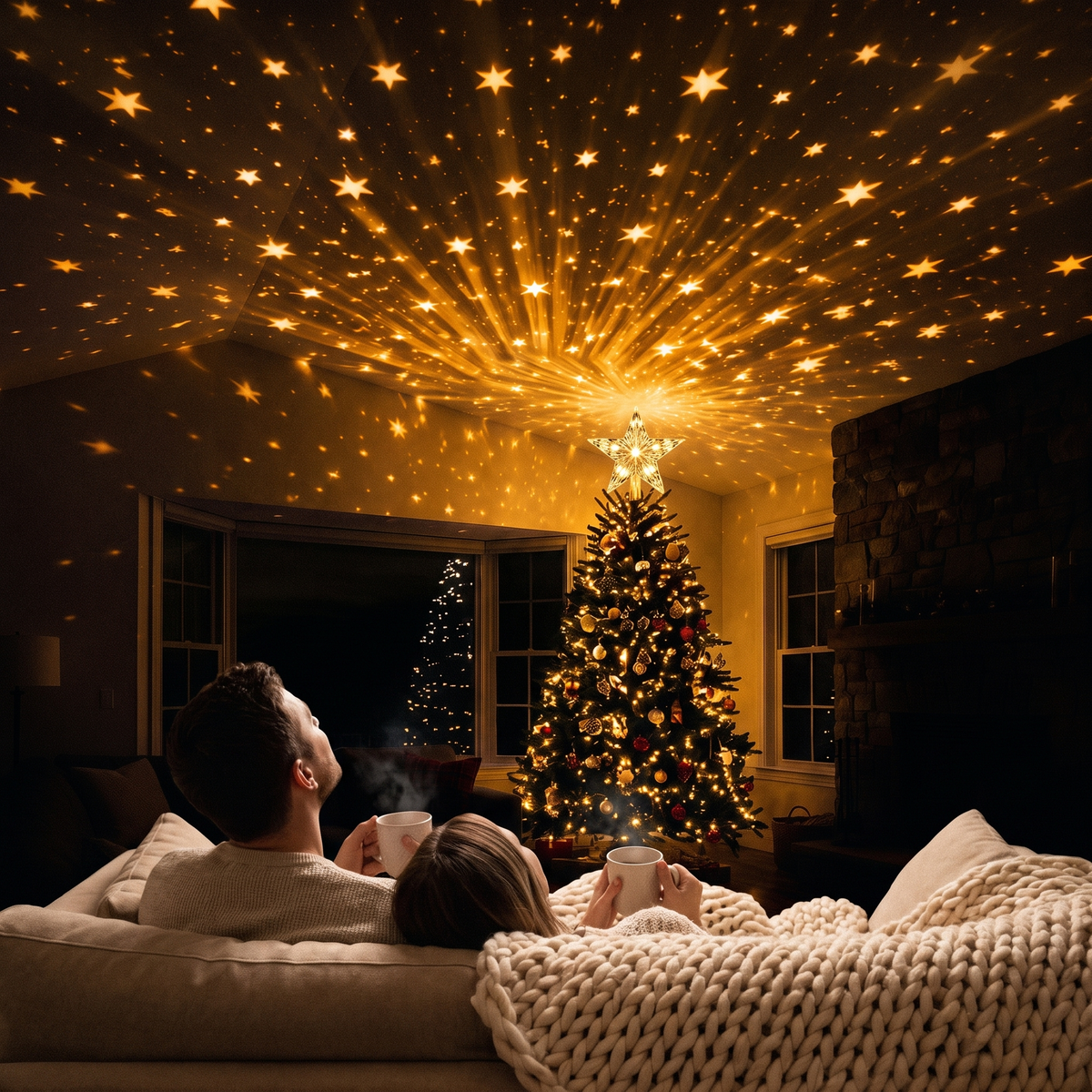 Couple with cocoa under a starry ceiling