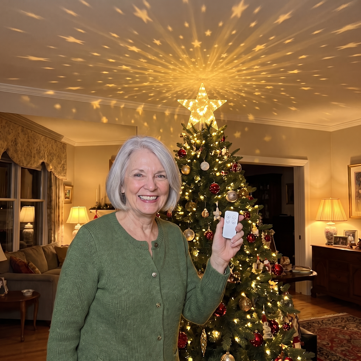 Grandmother holding the remote beside her tree
