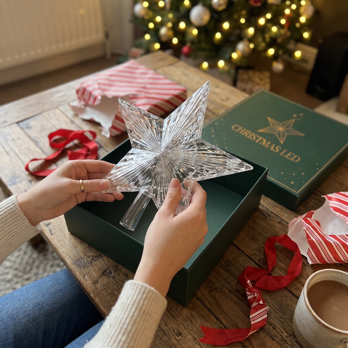 Unboxing the Christmas LED star from its green gift box