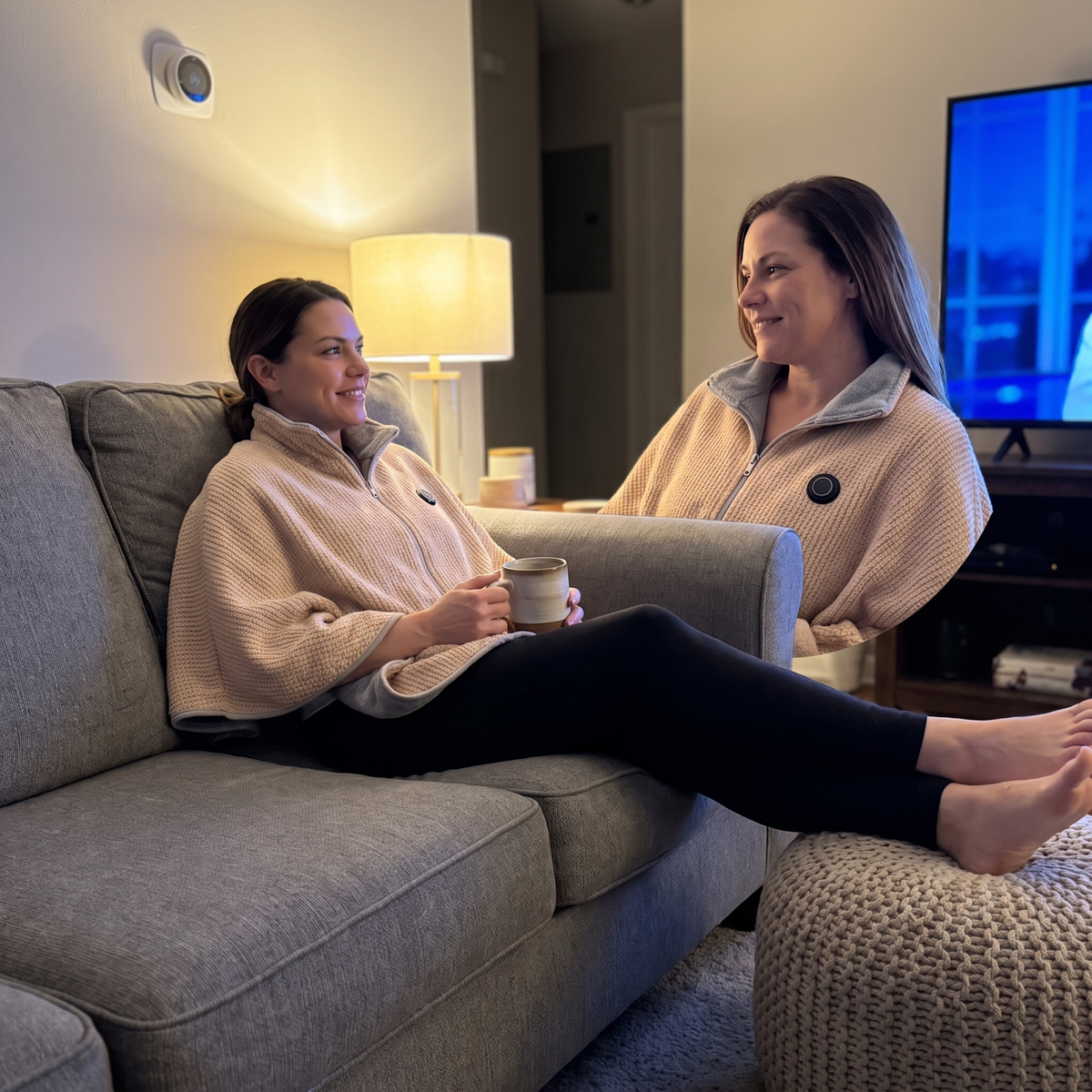 Two friends on a sofa wearing the CozyEmber heated shawl