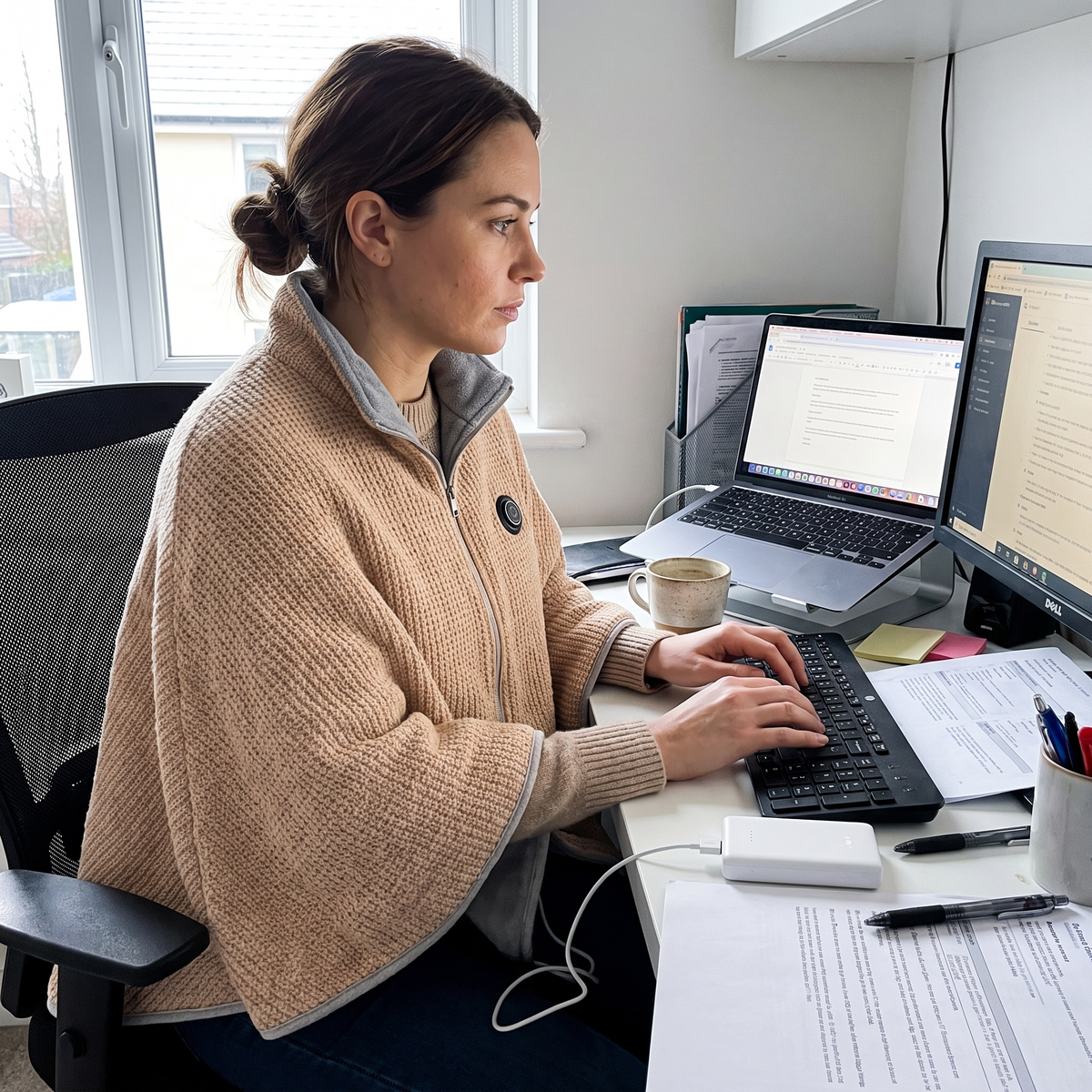 Woman working at a desk in the CozyEmber heated shawl with a power bank