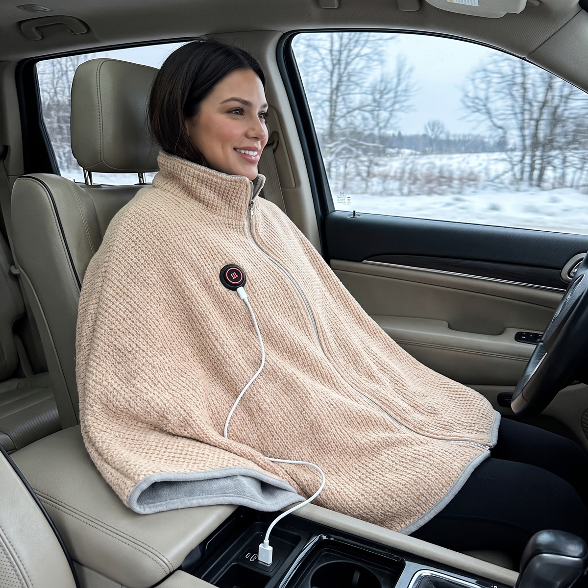 Woman in a car passenger seat wearing the CozyEmber heated shawl