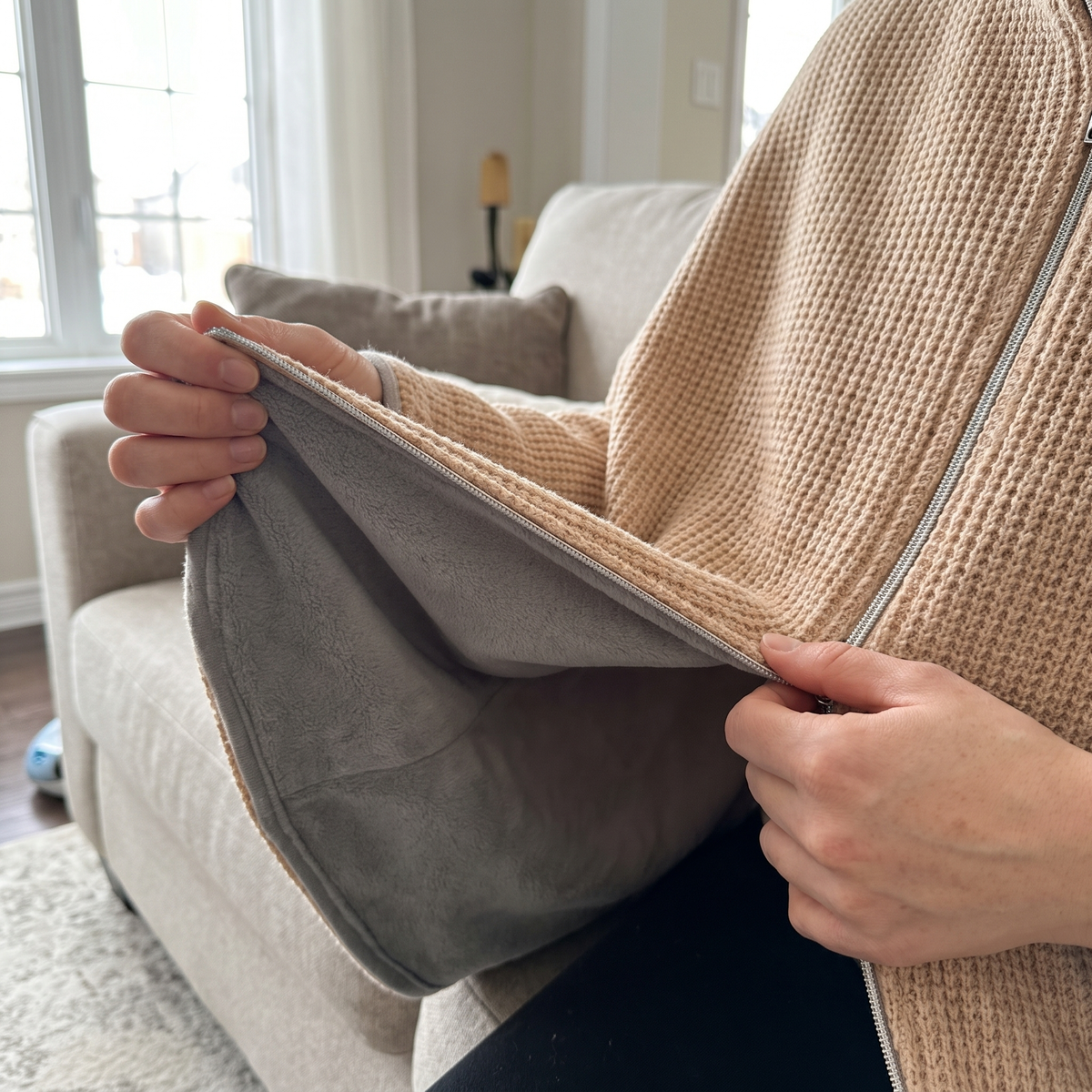 Hands showing the knit exterior and fleece lining of the CozyEmber shawl