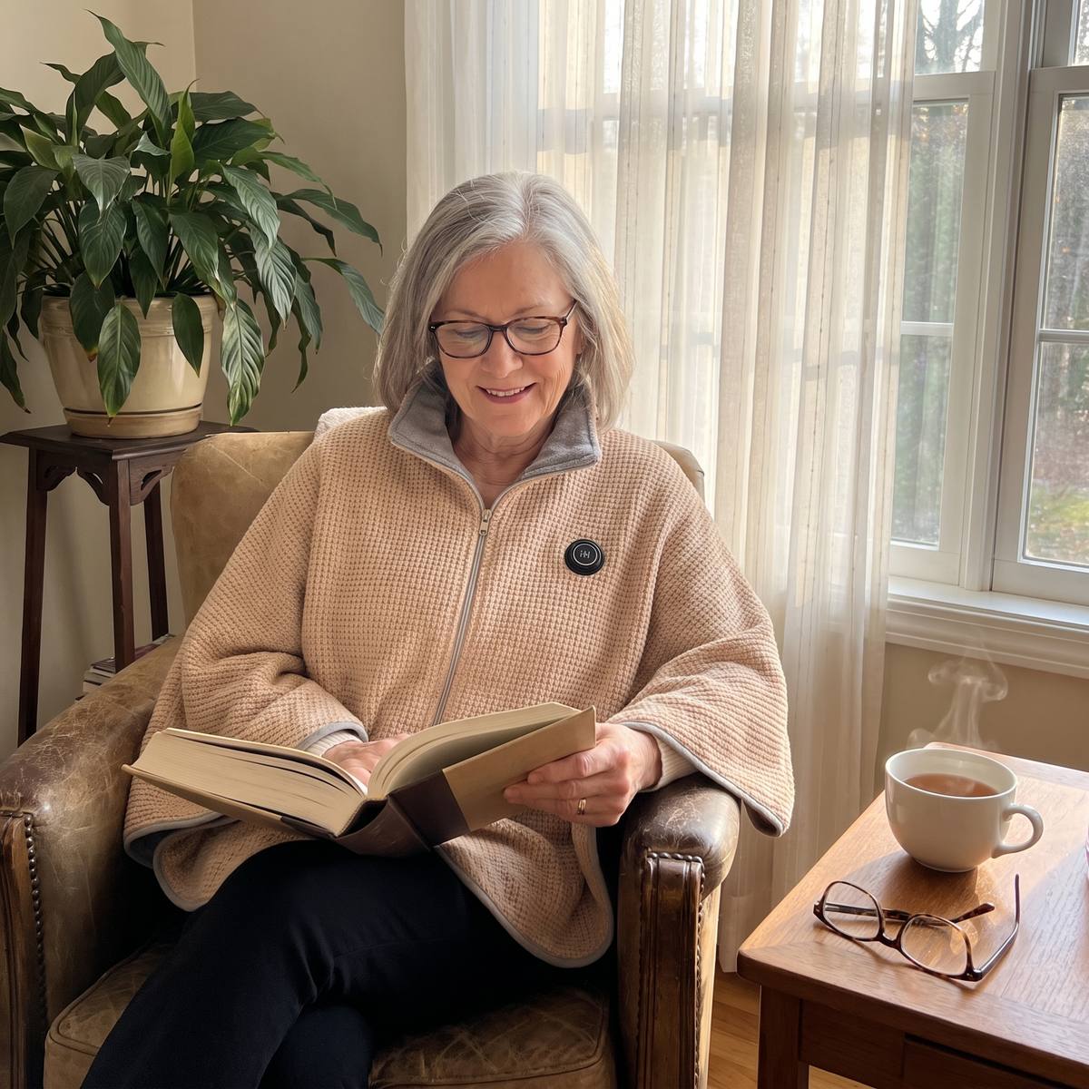 Woman reading in an armchair wearing the CozyEmber heated shawl