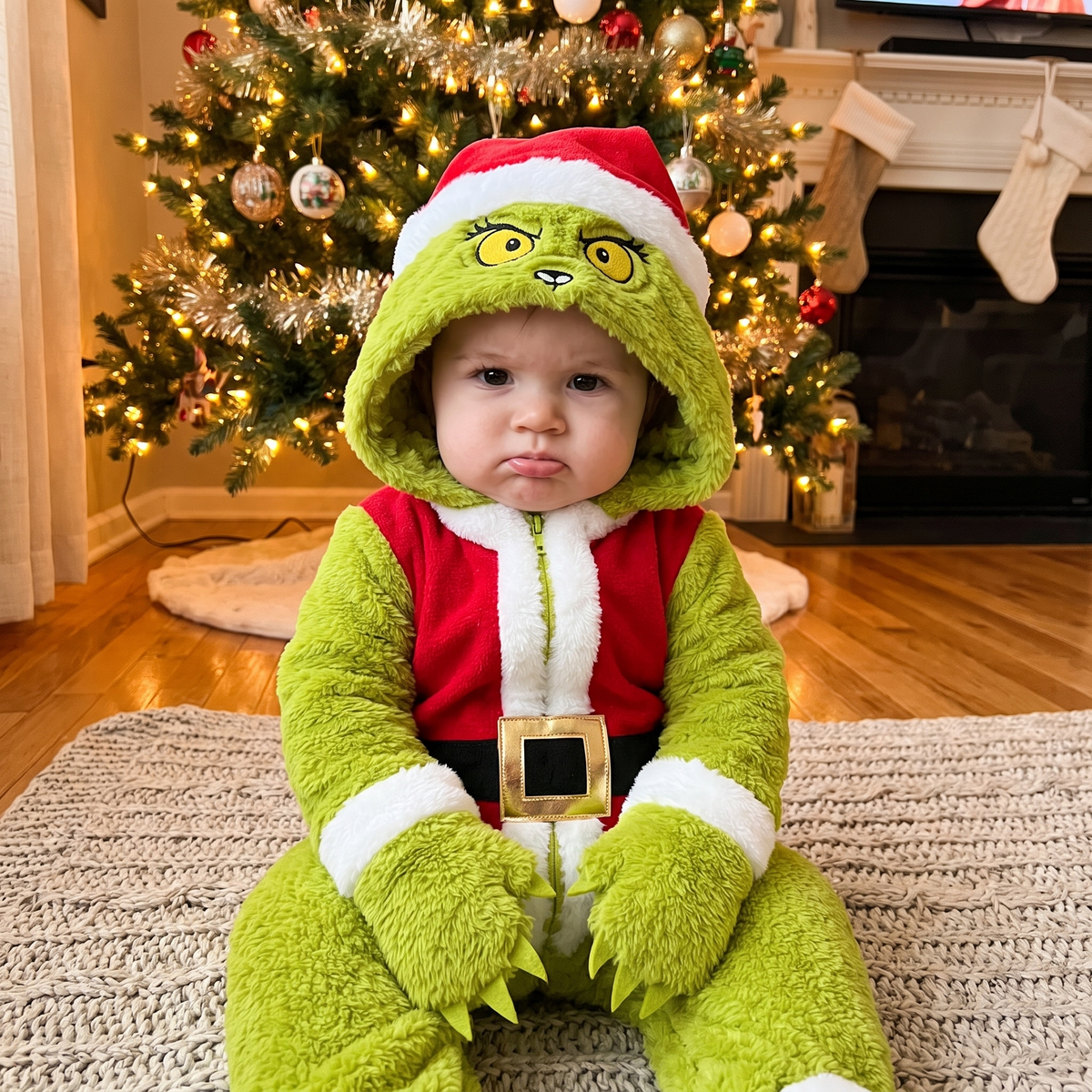 Baby in My Cozy Grump onesie sitting in front of the Christmas tree