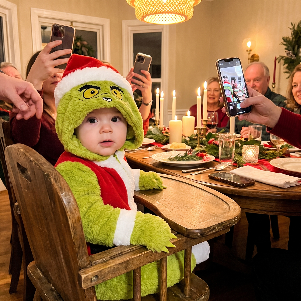 Baby in My Cozy Grump onesie at Christmas dinner with family taking photos