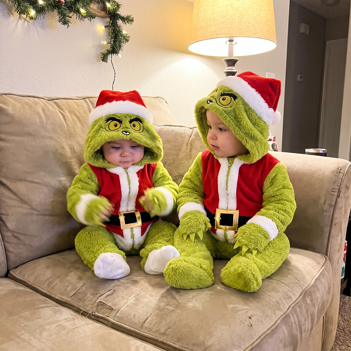 Two babies in matching My Cozy Grump onesies on a couch
