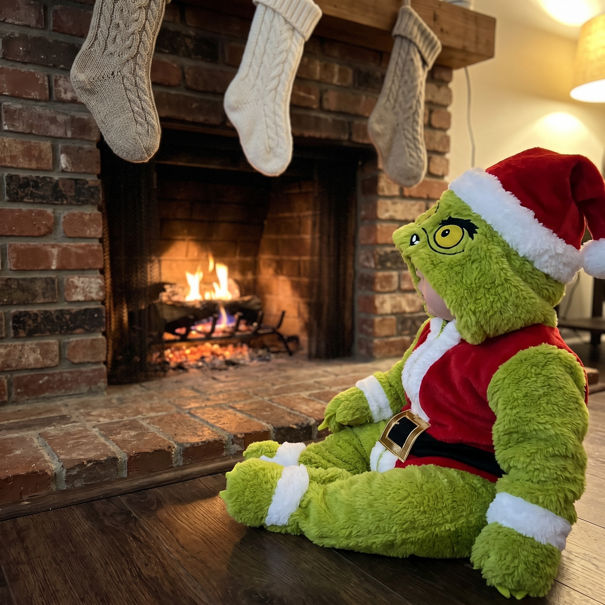 Baby in My Cozy Grump onesie by the fireplace