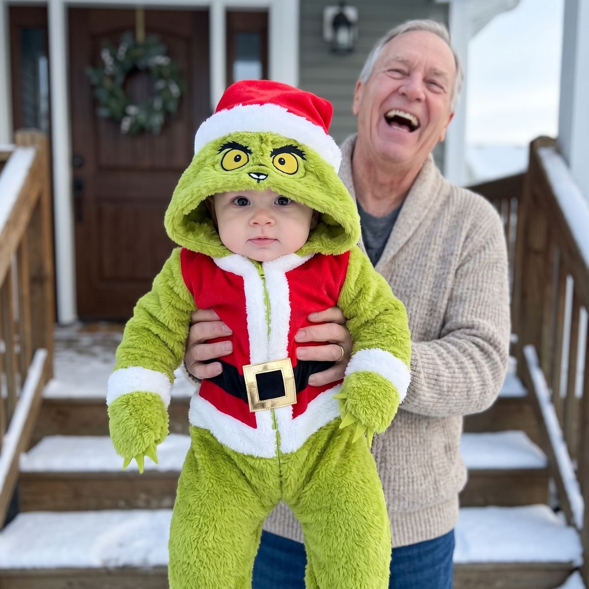 Baby in My Cozy Grump onesie with laughing grandpa on the porch
