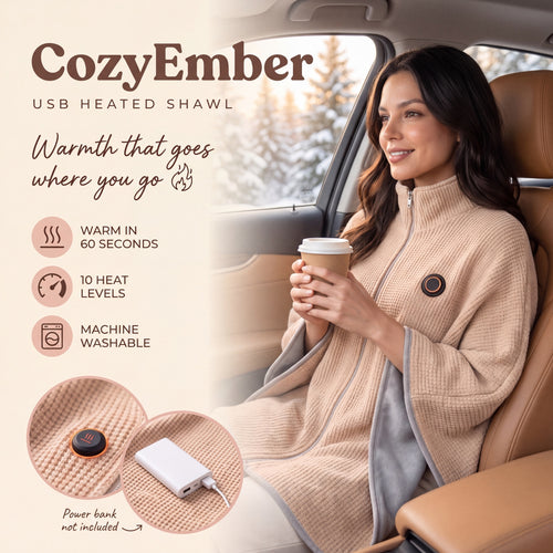 CozyEmber USB heated shawl worn in a car on a snowy day — warm in 60 seconds, 10 heat levels, machine washable, power bank not included