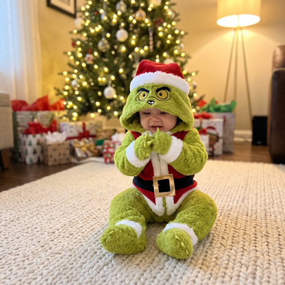 Baby in My Cozy Grump onesie by the Christmas tree