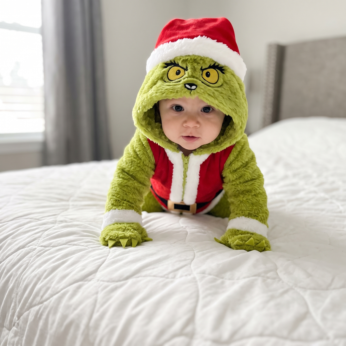 Baby crawling on a bed in the My Cozy Grump onesie