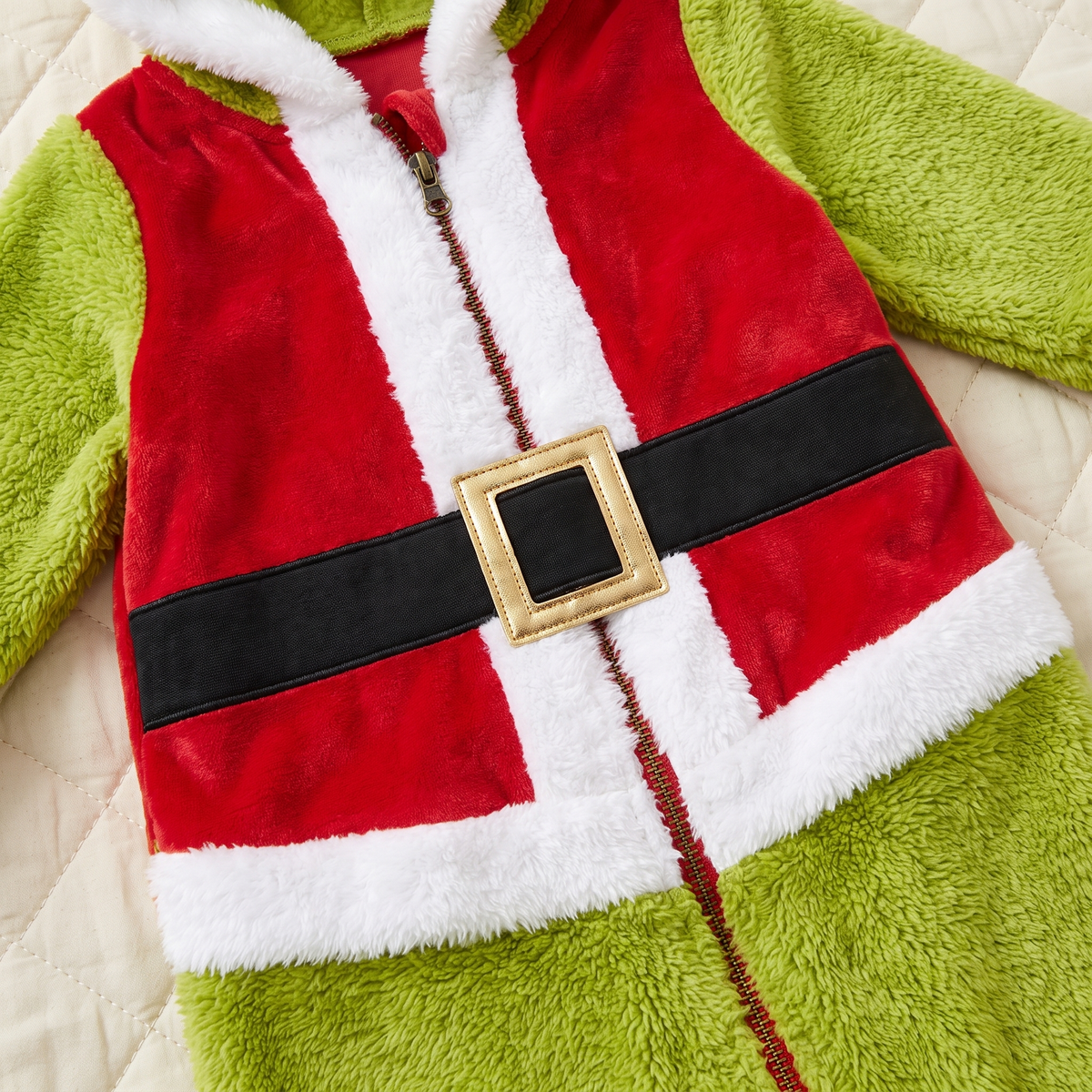 My Cozy Grump onesie red vest, belt buckle and front zipper detail