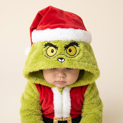 Close-up of the My Cozy Grump hood with embroidered face and Santa hat