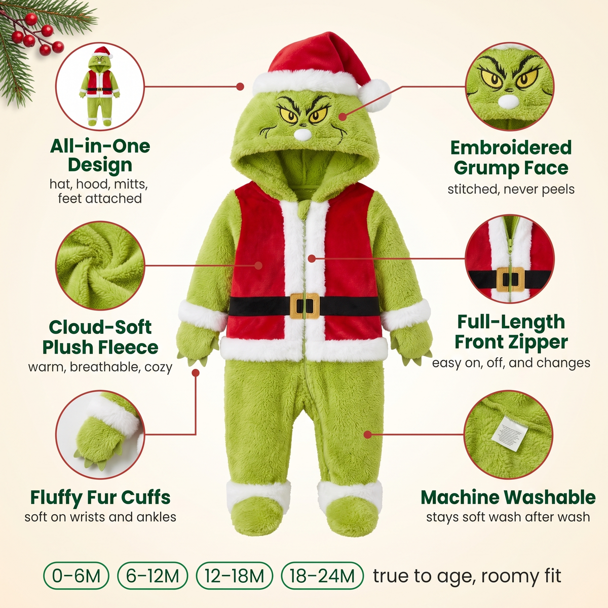 My Cozy Grump onesie features: all-in-one design, plush fleece, embroidered face, fur cuffs, full-length zipper, machine washable, sizes 0-24 months