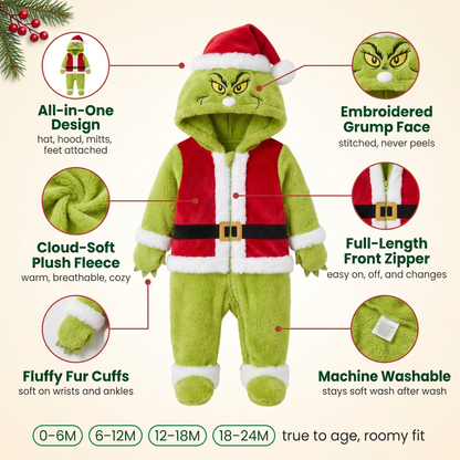 My Cozy Grump onesie features: all-in-one design, plush fleece, embroidered face, fur cuffs, full-length zipper, machine washable, sizes 0-24 months