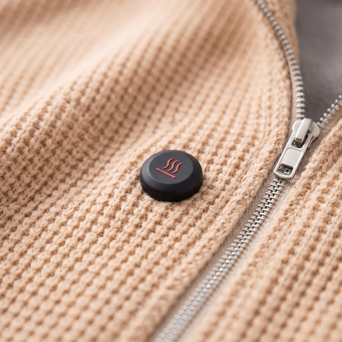 Close-up of the CozyEmber control button and front zipper
