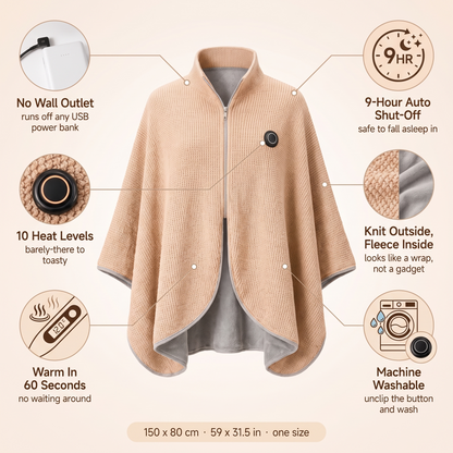 CozyEmber heated shawl features: no wall outlet, 10 heat levels, 60 second warm-up, 9-hour auto shut-off, knit and fleece, machine washable