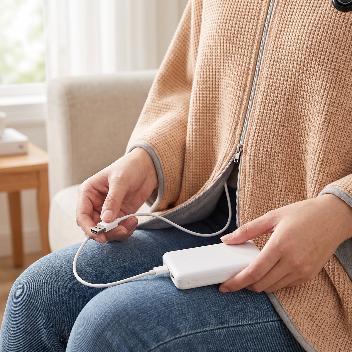 Connecting the CozyEmber heated shawl to a USB power bank