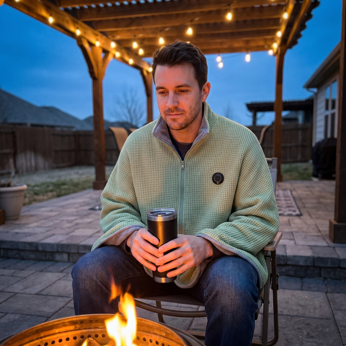 CozyEmber USB heated shawl in matcha green worn outdoors
