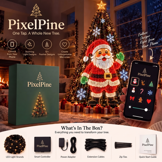 PixelPine animated tree lights: control from your phone, 12+ festive designs, and everything included in the box