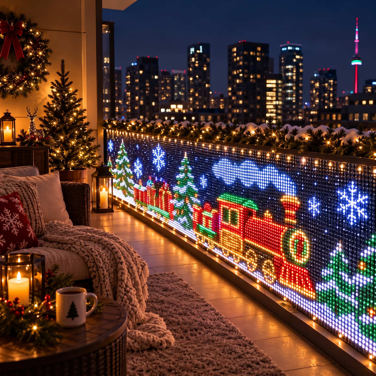 PixelPine balcony lights showing a Christmas train scene on a city balcony