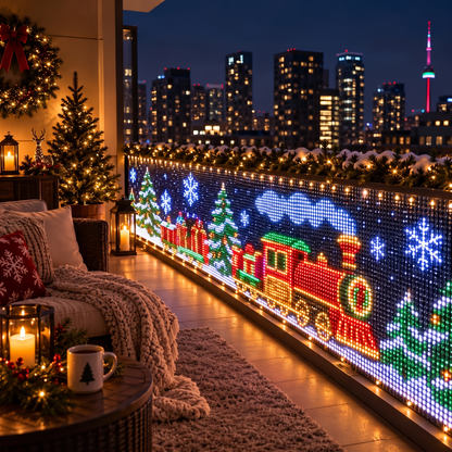 PixelPine balcony lights showing a Christmas train scene on a city balcony