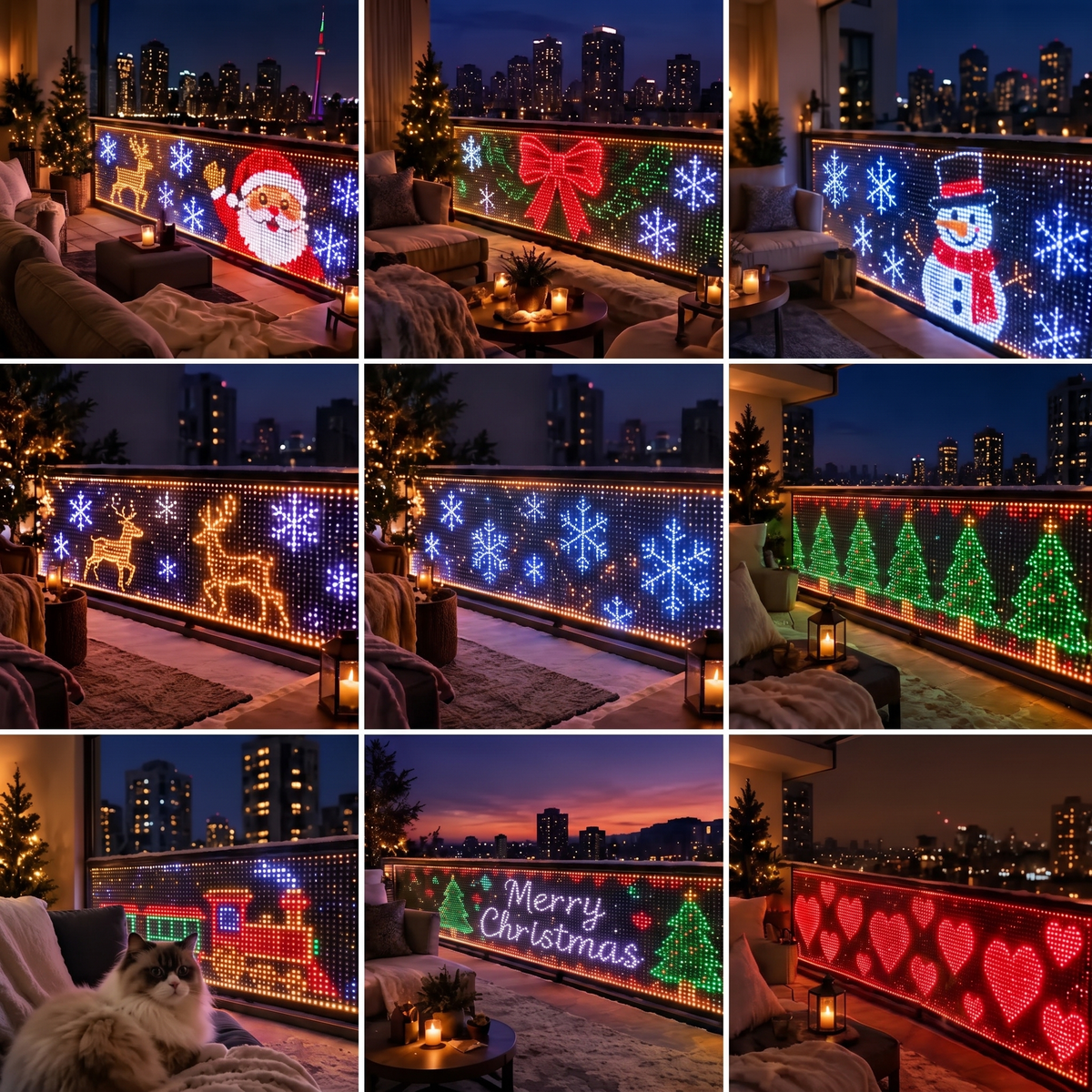 Nine PixelPine balcony light designs including Santa, snowman, reindeer and Merry Christmas
