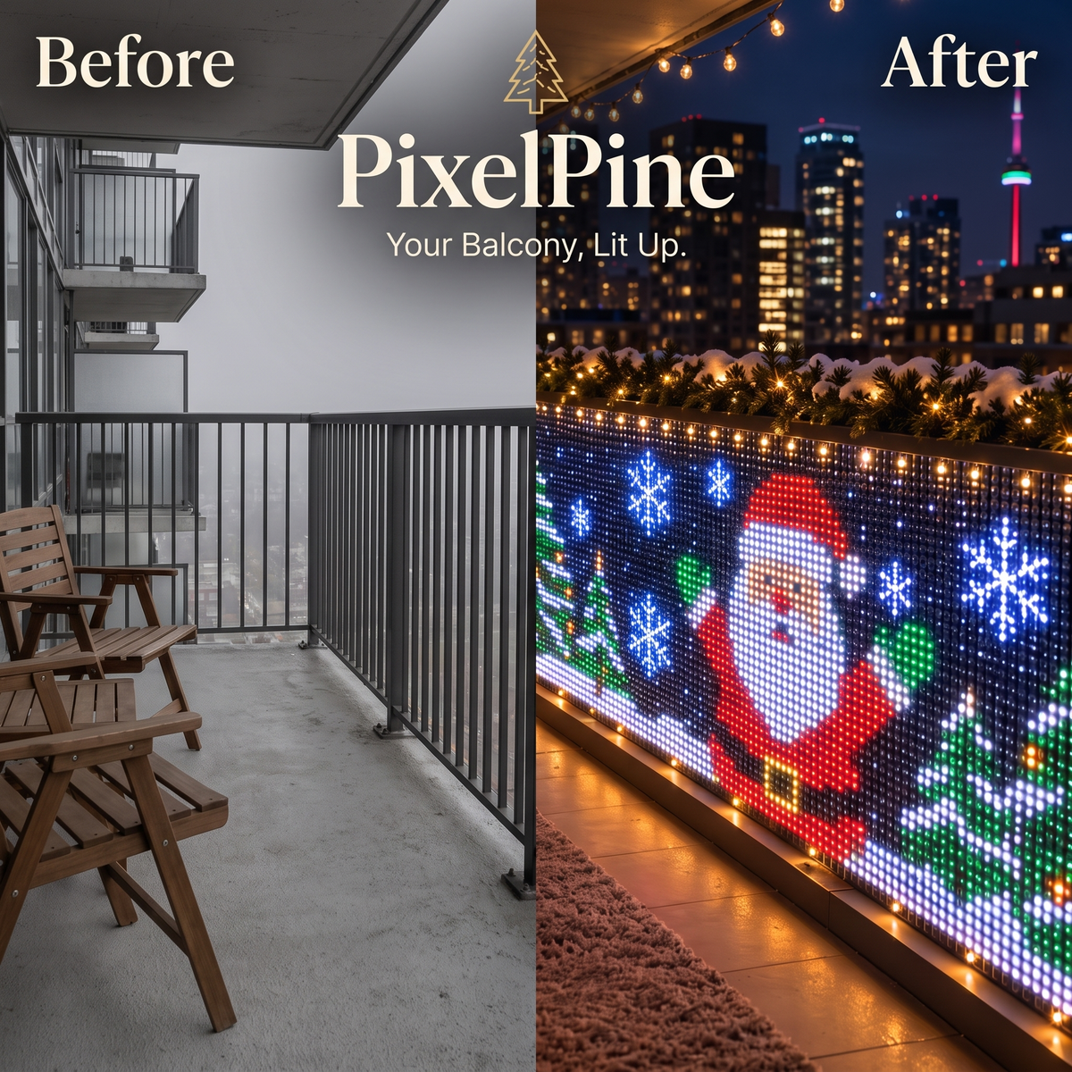 PixelPine balcony lights before and after: a plain balcony by day and a lit display at night