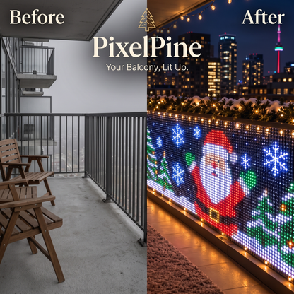 PixelPine balcony lights before and after: a plain balcony by day and a lit display at night
