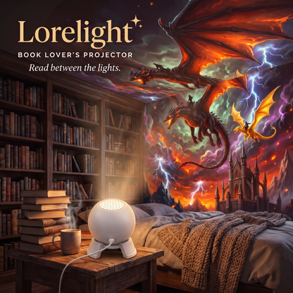 Lorelight book lover's projector casting dragons across a bedroom ceiling