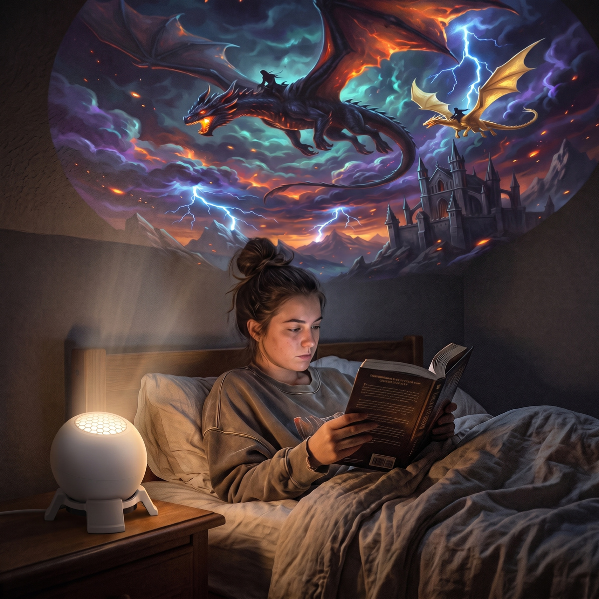 Reading in bed under the Lorelight dragon projection