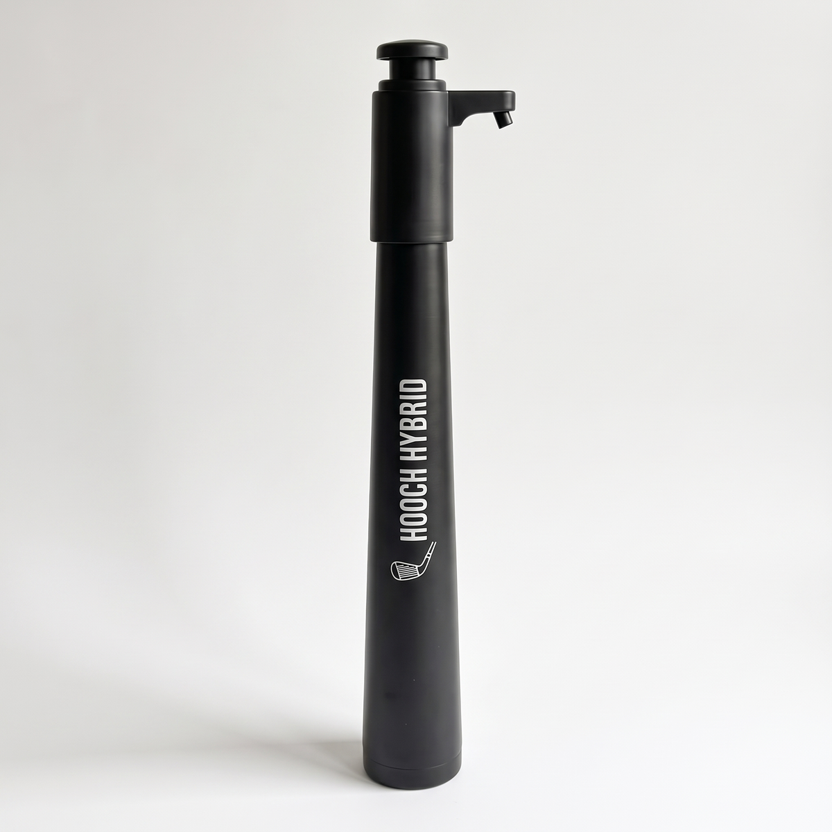 Hooch Hybrid golf bag drink dispenser on a white background, matte black shaft with pump head