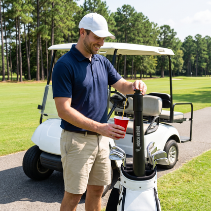 Hooch Hybrid golf bag drink dispenser pouring a drink from the golf bag into a cup on the course
