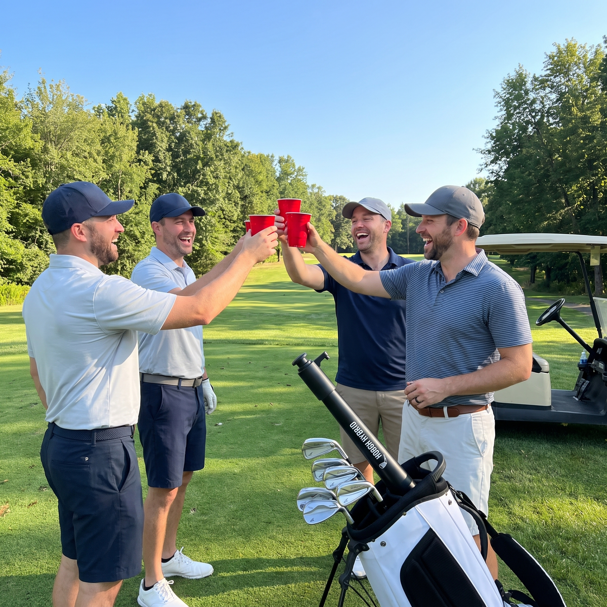 Four golfers cheers with red cups on the tee, Hooch Hybrid standing in the golf bag