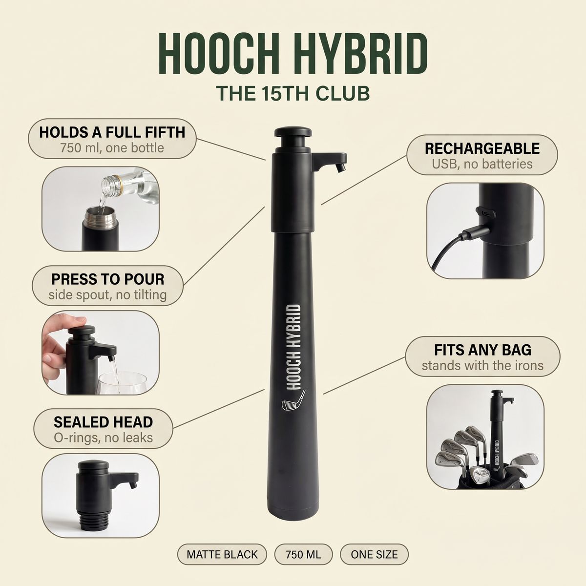 Hooch Hybrid features: holds a full fifth, press to pour, sealed head, rechargeable, fits any golf bag