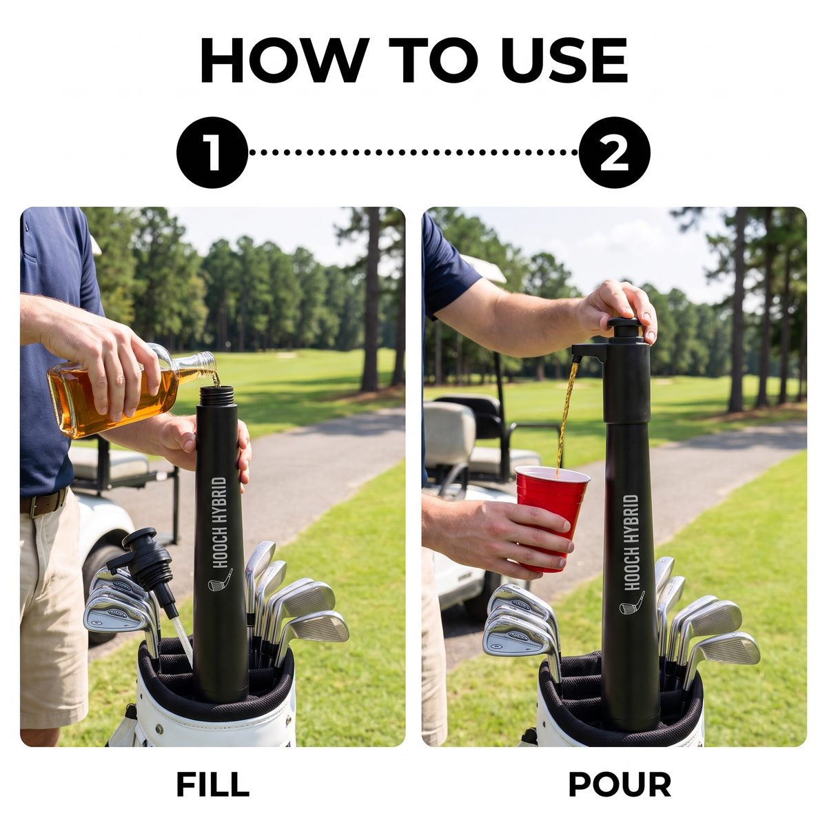 How to use Hooch Hybrid: fill the shaft from a bottle, then press the top to pour into a cup