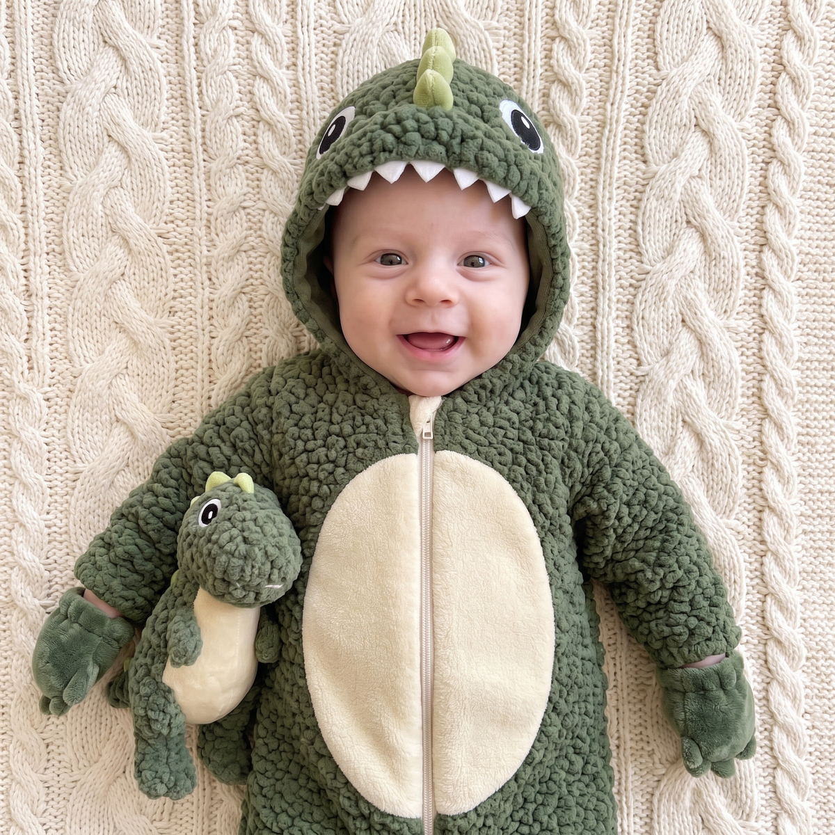 Smiling baby in the Tiny Dino green T-rex onesie on a knit blanket