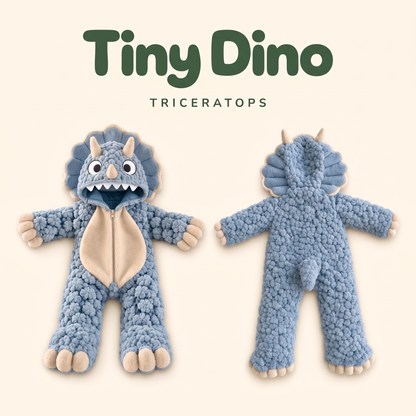 Tiny Dino blue triceratops baby onesie front and back