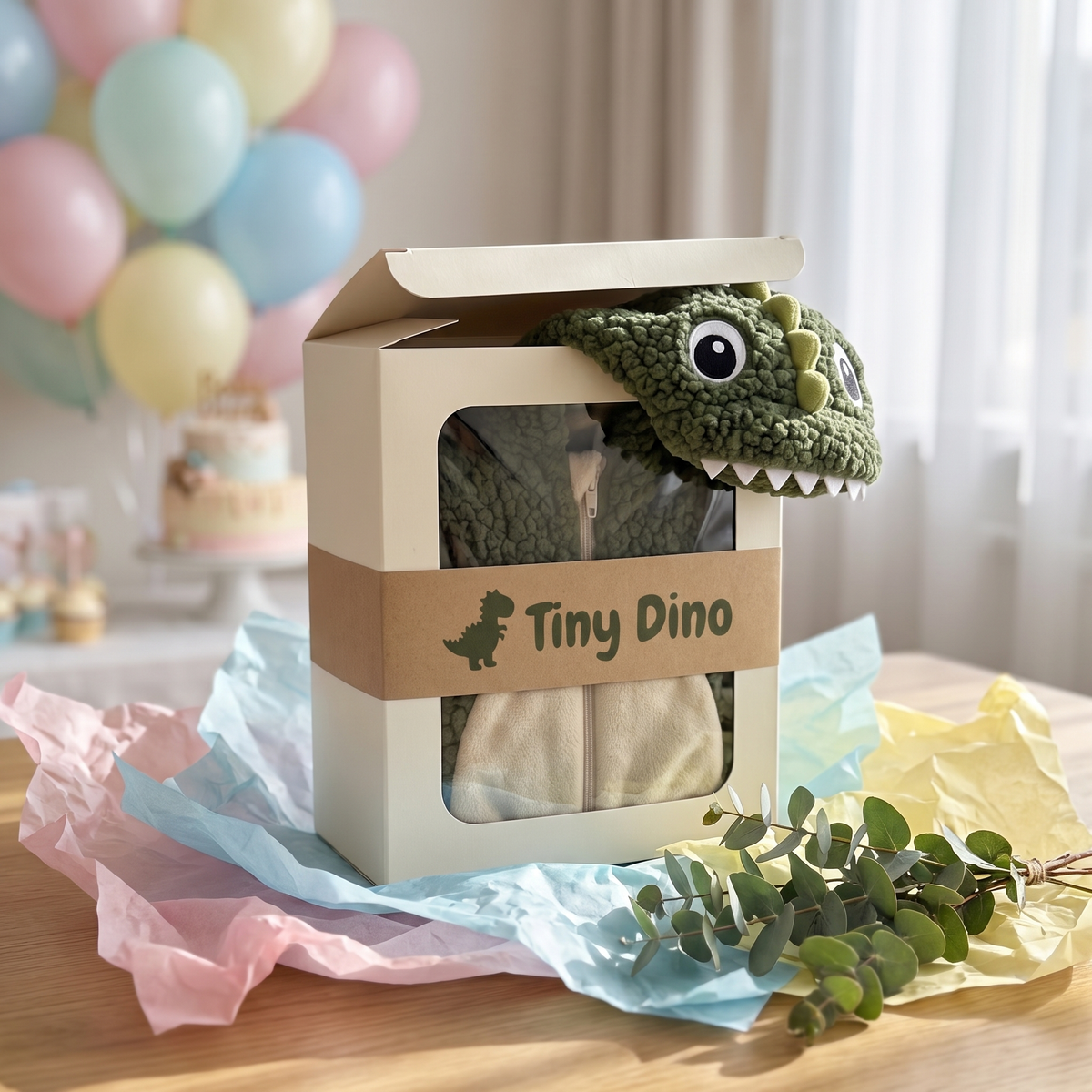 Tiny Dino gift box at a baby shower