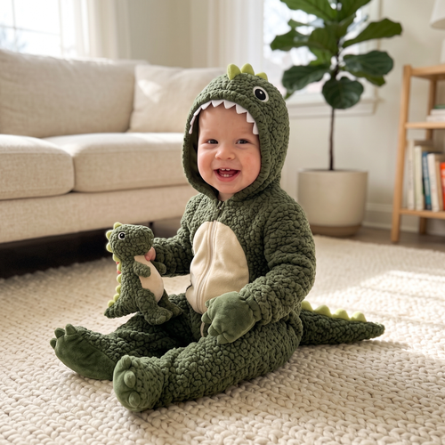 Toddler wearing the Tiny Dino green T-rex plush baby onesie with a toy dinosaur