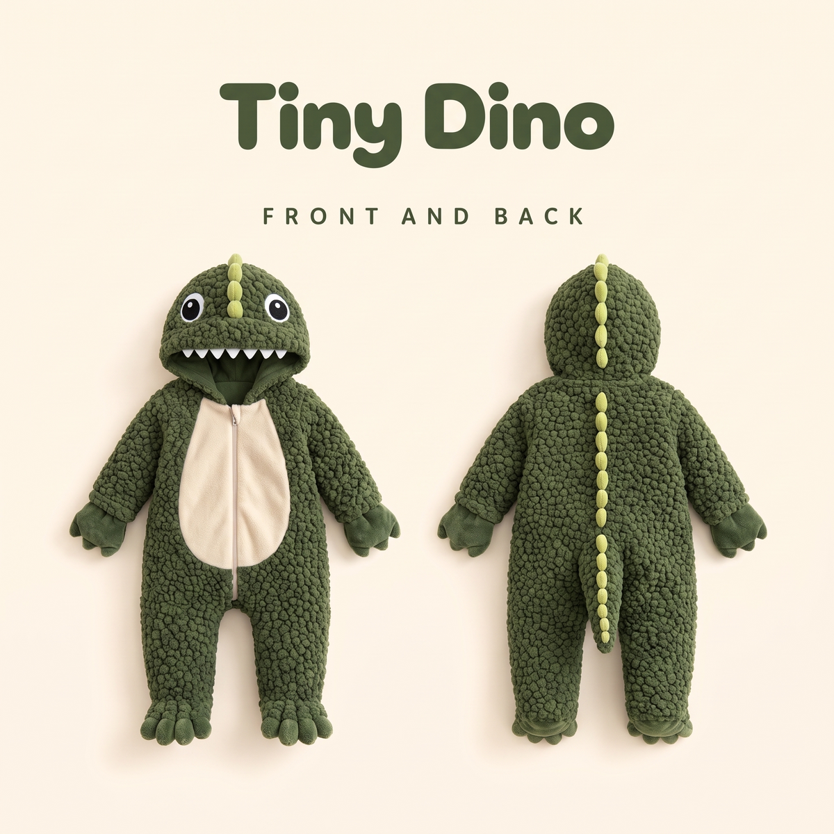 Tiny Dino green T-rex baby onesie front and back