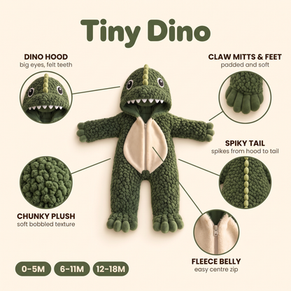 Tiny Dino features: dino hood, chunky plush, fleece belly with zip, claw mitts and feet, spiky tail